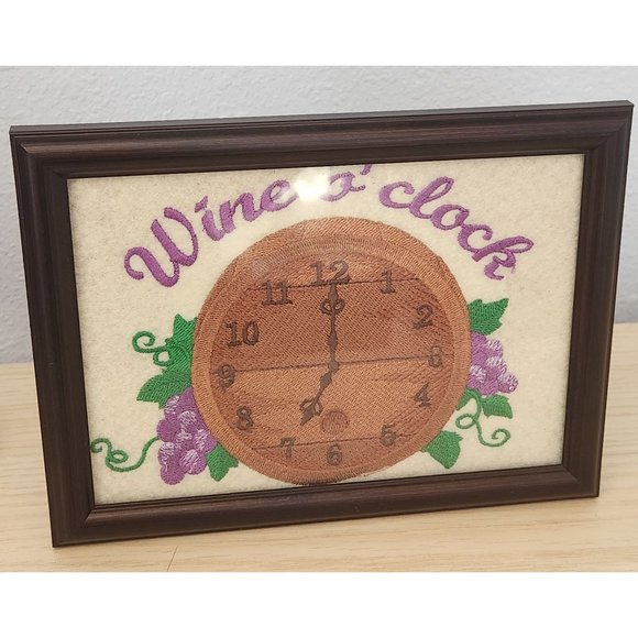 Embroidered 8" x 6" Frame Says Wine O'clock Clock Face Grapes Leaves Harbortown - Picture 1 of 8